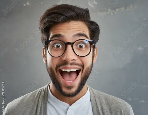 man with vision care glasses and a beard is wideeyed and smiling in surprise. His jaw dropped as he sees something unexpectedly joyful, showcasing his happy facial expression and eyewear photo
