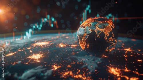 Earth Globe with graphics and charts. World business and economics concept. Stock market, forex and world investment. AI generated #789726377