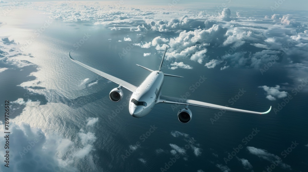Fototapeta premium Reducing carbon emissions and protecting the planet biofuelpowered airplanes fly high above a vast expanse of ocean. The smooth flight path is a testament to the success of sustainable .