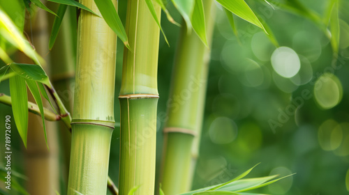 Closeup of green bamboo shoots  lush foliage  bokeh