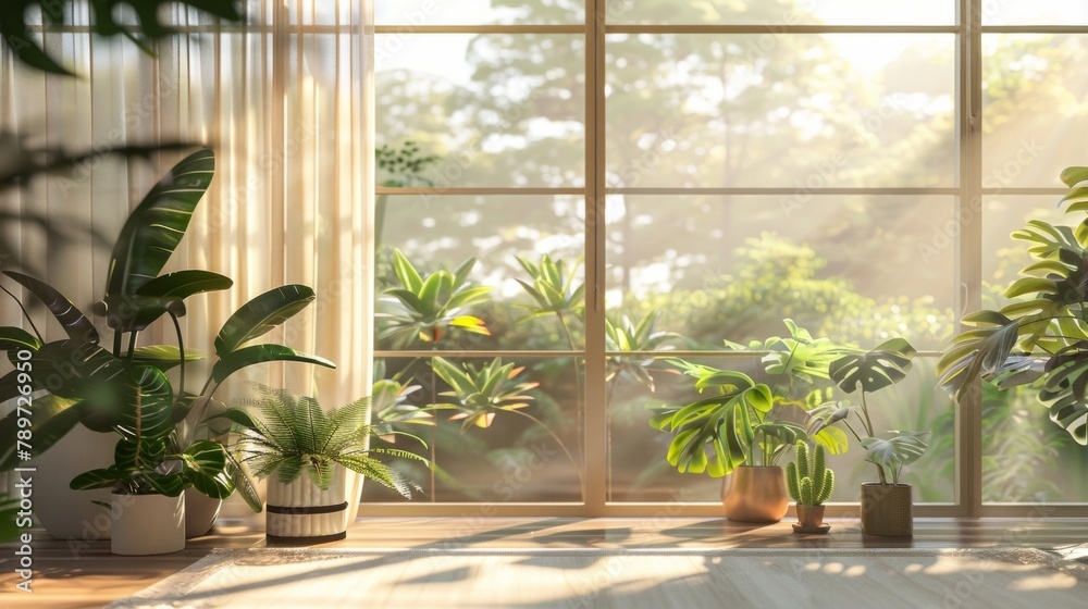 The natural light filtering in through the large window casts a warm glow on the plants highlighting their depth of color and bringing a sense of vitality to the room. .
