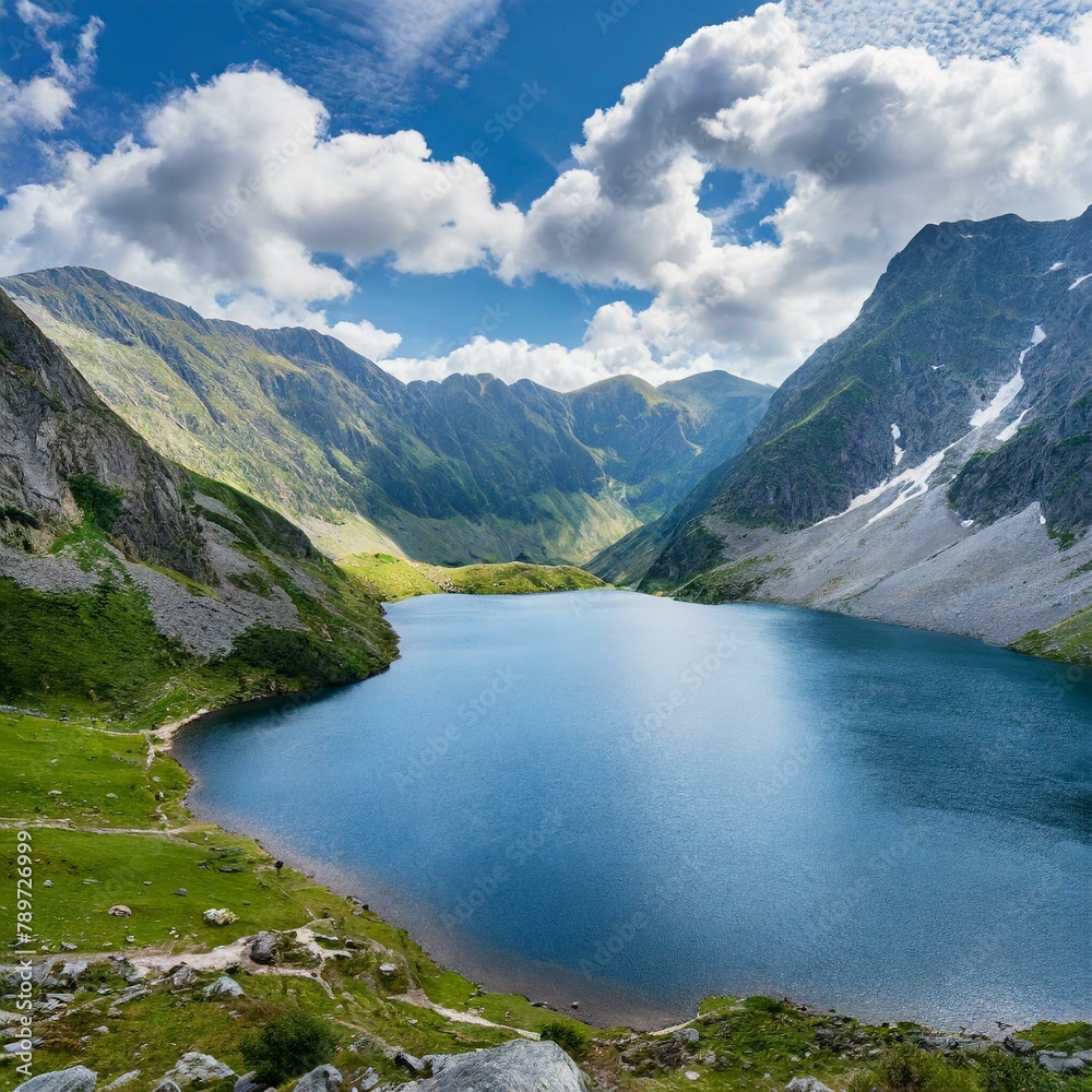 tranquil lake surrounded by towering mountains with a vibrant blue sky overhead. Fluffy cumulus clouds float lazily on the breeze, creating a picturesque natural landscape