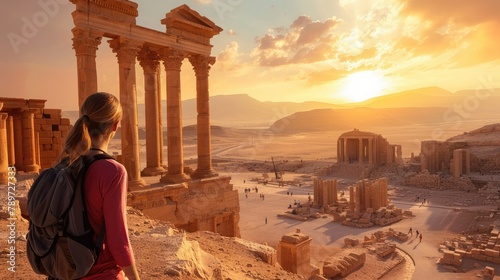 traveler marvels at the ancient ruins of a historic site, capturing the essence of a bygone era with every step.