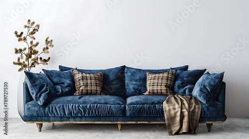 Interior wall mock up with velvet sofa, pillows, plaid and pine branch in vase on empty white background, 3D rendering, 