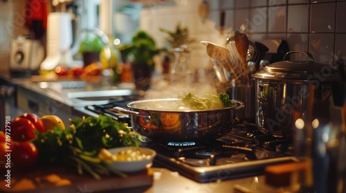 cozy kitchen scene with a pot bubbling on the stove and fresh ingredients neatly arranged on the countertop, promising a delicious homemade meal.