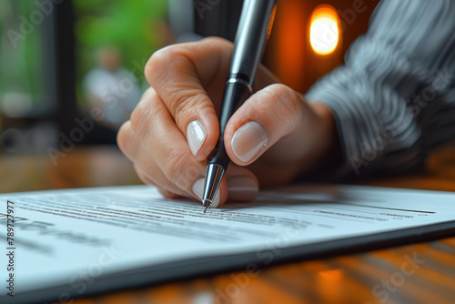 Woman, hand and writing on contract paper with pen for sale or contractor agreement and confidentiality terms. Person, sign or read legal document for lease, purchase order and non disclosure promise