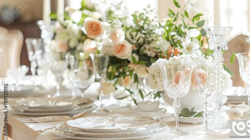 elegant dinner party setting with a beautifully set table adorned with fine china  crystal glassware  and floral centerpieces  exuding sophistication and grace.