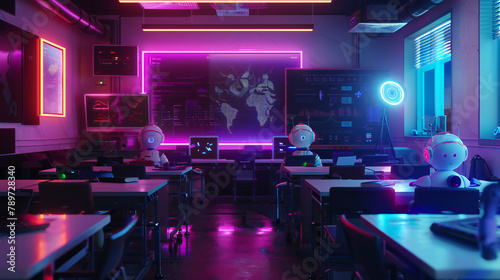 Innovative Learning Environment: Cute Robots Thrive in a Futuristic 3D Classroom with Interactive Holographic Modules and Neon Lighting