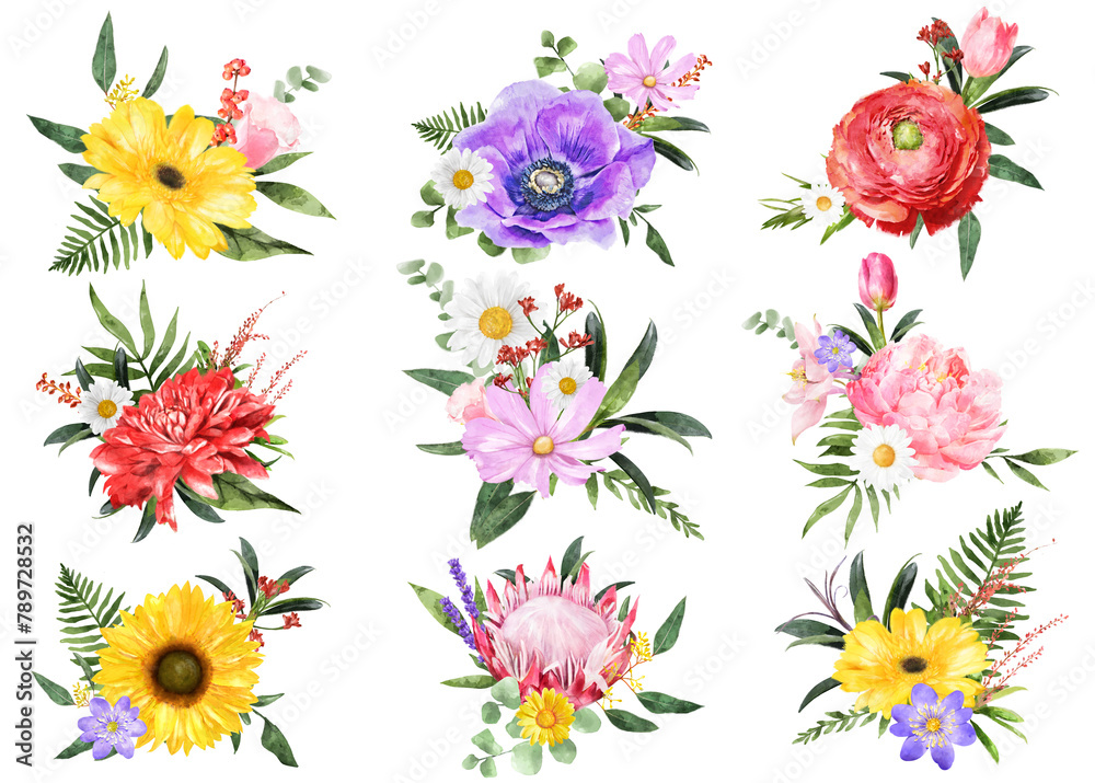 Watercolor flower png, spring collage element set on transparent background