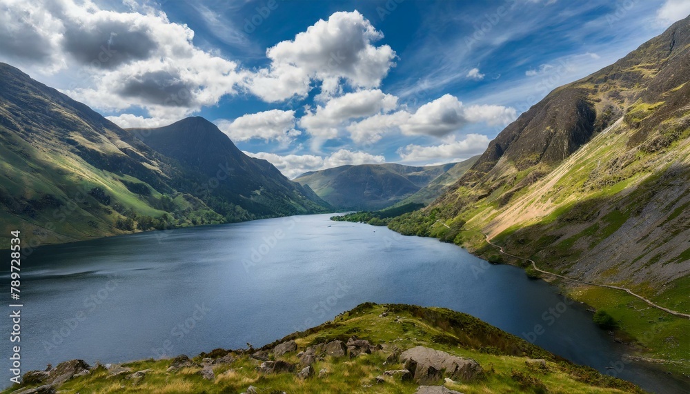 tranquil lake surrounded by towering mountains with a vibrant blue sky overhead. Fluffy cumulus clouds float lazily on the breeze, creating a picturesque natural landscape. tranquil lake surrounded by towering mountains with a vibrant blue sky overhead. Fluffy cumulus clouds float lazily on the breeze, creating a picturesque natural landscape.