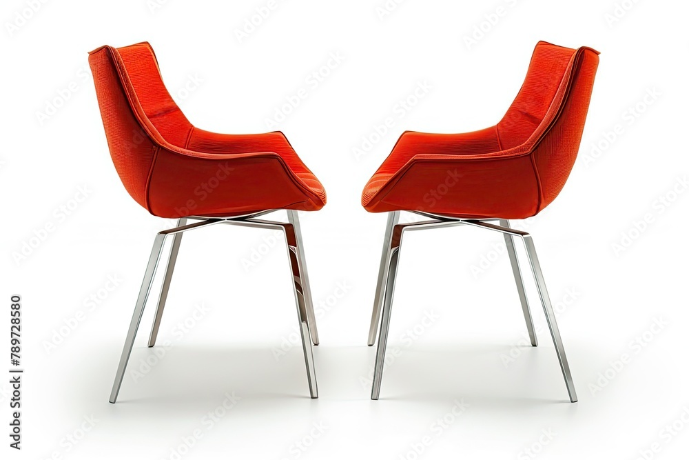 Two Red Modern Wooden Chair Face To Face With Outer Silver Steel Legs Isolated On White Background Two Red Modern Wooden Chair Face To Face With Outer Silver Steel Legs Isolated On White Background