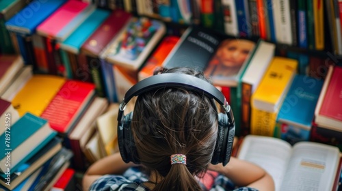 A person with headphones on surrounded by books and language learning materials highlighting their dedication and prowess in learning and understanding multiple languages. . photo