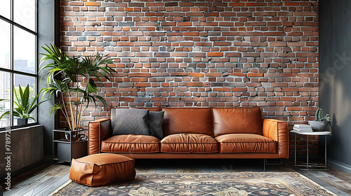 Living room in industrial style with leather sofa and brick wall - 3d rendering photo