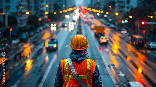 Engineer Overseeing Bustling City Construction. Concept Engineering, City Construction, Urban Development, Architecture, Busy Environment