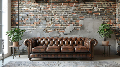 Living room in industrial style with leather sofa and brick wall - 3d rendering
