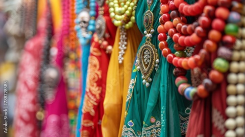 Closeup of a colorful display of traditional attire and cultural symbols from various religions celebrating diversity. .