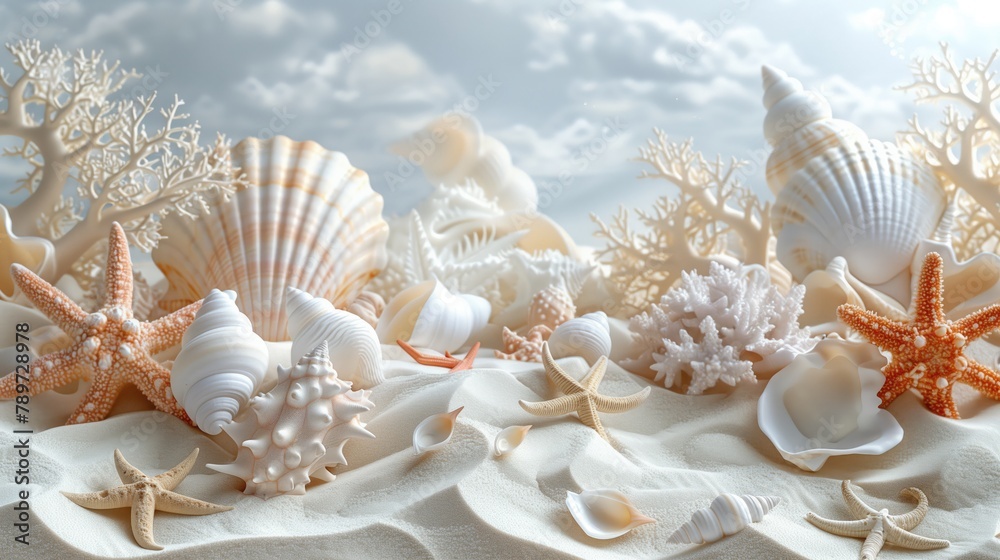 Creative layout made of starfishes, corals and seashells on white background