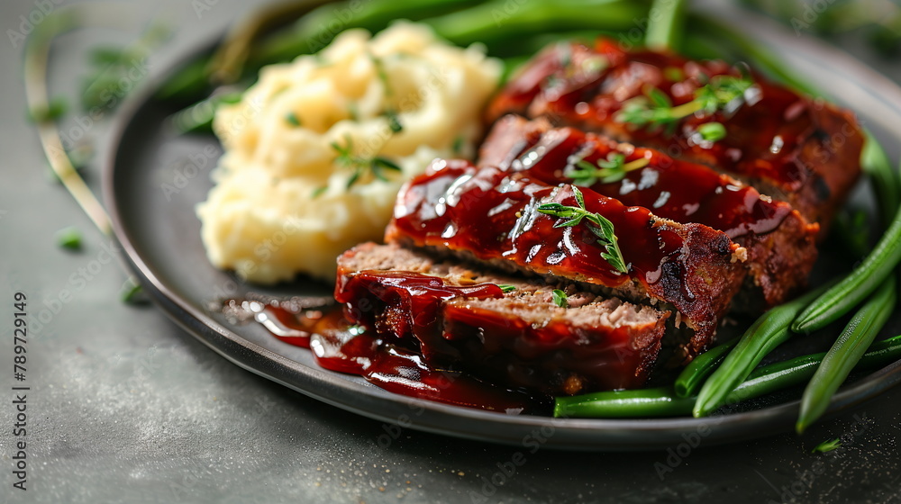 BBQ glazed meatloaf slices with mashed potatoes and green beans. BBQ glazed meatloaf slices with mashed potatoes and green beans.