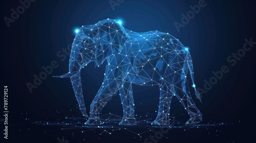 Elephant isolated from low poly wireframe on dark background. AI generated