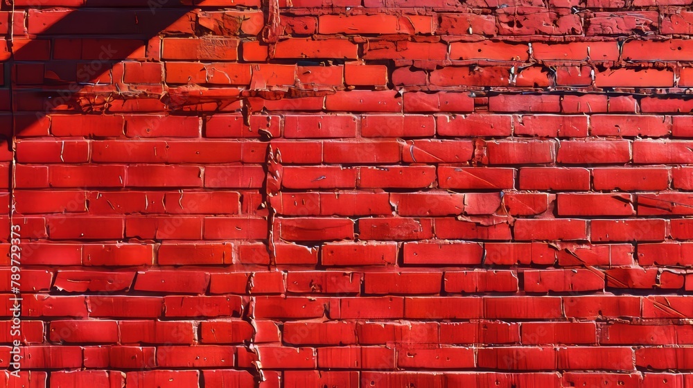 A vibrant red brick wall background with subtle shadows, perfect for highlighting product placements in a minimalist style - obrazy, fototapety, plakaty 