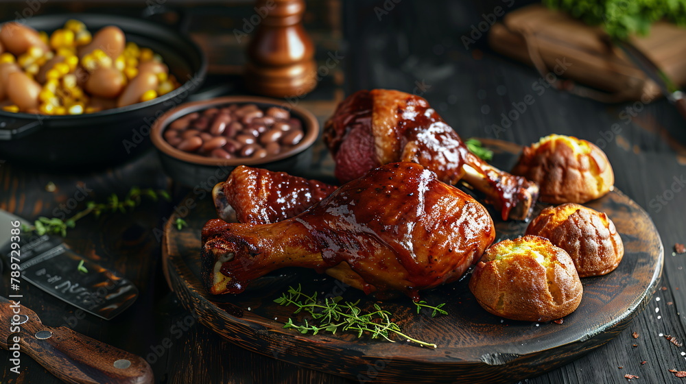 BBQ turkey legs with a smoky flavor, served with baked beans and cornbread muffins.