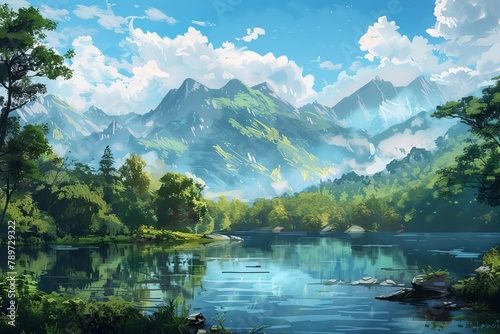 serene mountain landscape with lush green forests and tranquil lake digital painting © Lucija
