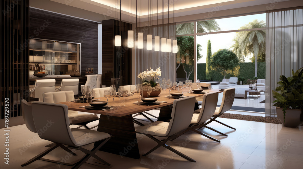 Interior design of modern dining room. Generative AI Interior design of modern dining room. Generative AI