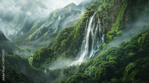 Majestic waterfall cascading through a lush green mountain landscape  shrouded in mist and sunlight. Created with Generative AI.