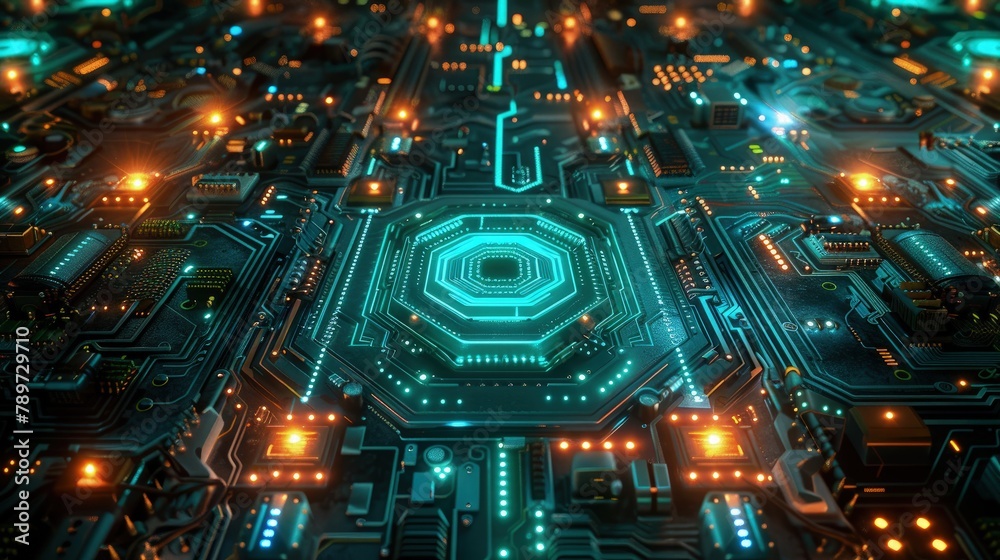 Futuristic Circuitry background with Blue and Orange Neon Glowing Pattern.
