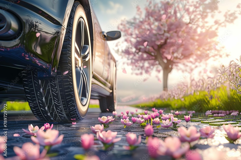 shiny summer tires in blooming spring sunlight 3d rendering - obrazy, fototapety, plakaty 