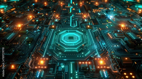 Futuristic Circuitry background with Blue and Orange Neon Glowing Pattern. © pengedarseni