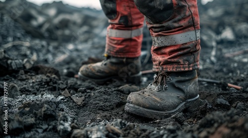 Close-up of muddy work boots and reflective safety pants on a rugged terrain. Created with Generative AI.