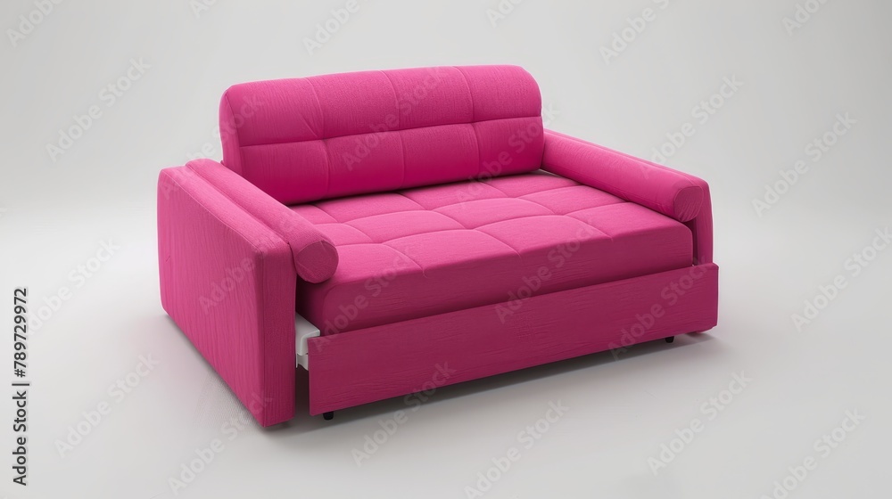 Multi-functional sofa bed in vibrant pink, perfect for small urban apartments, modern and space-saving, isolated backdrop Multi-functional sofa bed in vibrant pink, perfect for small urban apartments, modern and space-saving, isolated backdrop