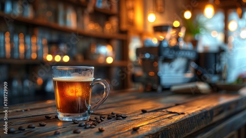 A mug of beer on a wooden bar with scattered coffee beans in a cozy cafe ambiance. Created with Generative AI.