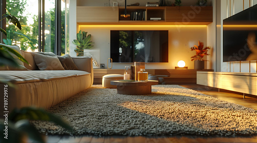 Living room with carpet, mild sofa, table, and other luxury furniture and TV set