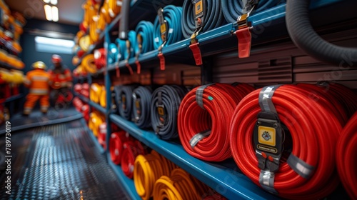 Shelves stocked with colorful fire hoses on a firetruck, with firefighters in the background. Created with Generative AI. photo