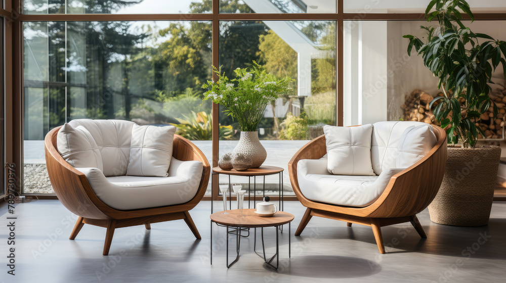 Cozy chairs and round coffee table near white sofa. Interior design of modern living room. Generative AI