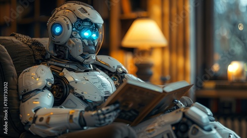 Futuristic robot with blue eyes sits comfortably, engrossed in reading a book in a cozy room. Created with Generative AI.