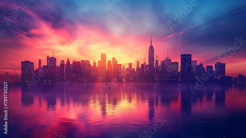 A vibrant sunset silhouette of a city skyline reflected over calm waters. Created with Generative AI.