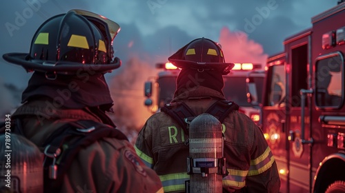 Firefighters in gear stand ready by a firetruck at a smoky emergency scene at dusk. Created with Generative AI.