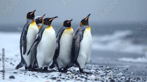 A group of four king penguins standing on a pebbly beach with light snowfall. Created with Generative AI.