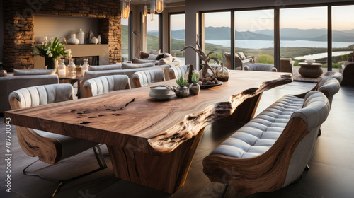 Rustic live edge dining table and solid wood armchairs close up. Organic interior design of modern living room in farmhouse. Generative AI