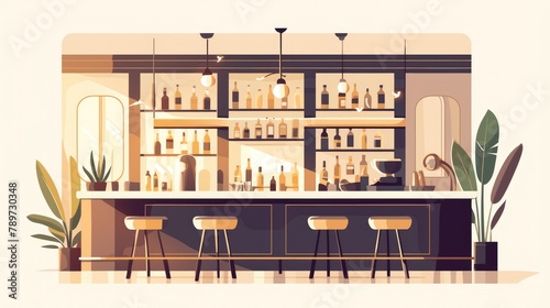 Interior of a cafe pub or bar featuring vacant tables and a sleek counter with contemporary furnishings enhancing the indoor dining experience as depicted in a stylish flat 2d illustration