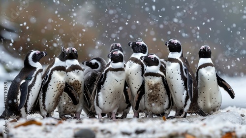 A group of African penguins standing together in gentle snowfall. Created with Generative AI.