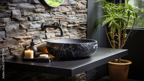 Stylish black marble round vessel sink and wall mounted faucet on stone wall. Interior design of modern bathroom. Generative AI