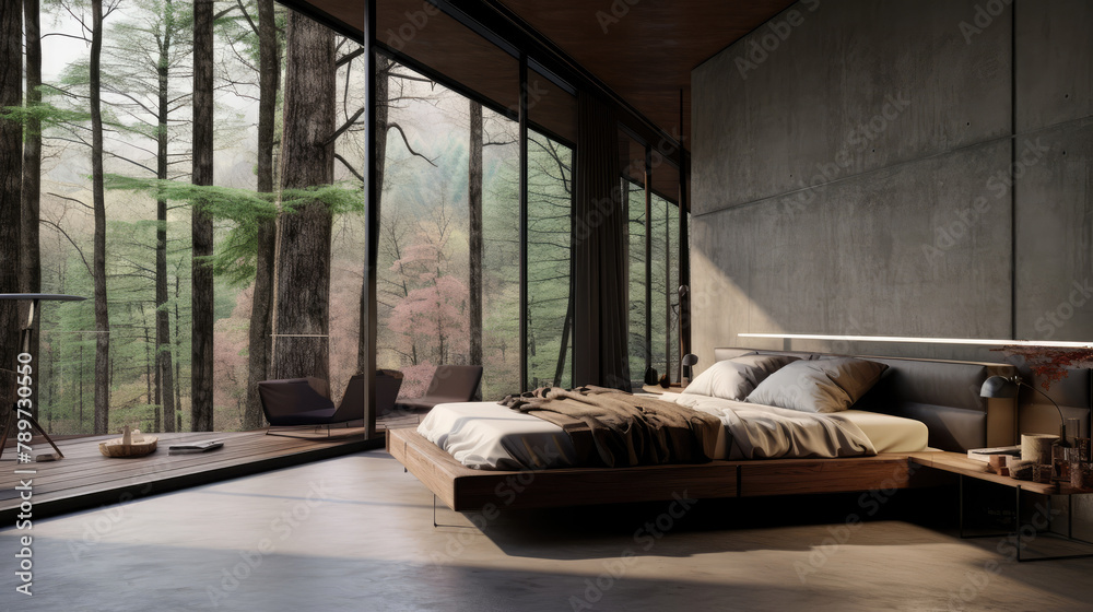 Bed in minimalist room with panoramic windows and concrete walls. Loft interior design of modern bedroom in luxury house in forest. Generative AI Bed in minimalist room with panoramic windows and concrete walls. Loft interior design of modern bedroom in luxury house in forest. Generative AI