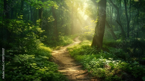 Serene forest trail basked in misty sunlight, highlighting green foliage and a winding path. Created with Generative AI.