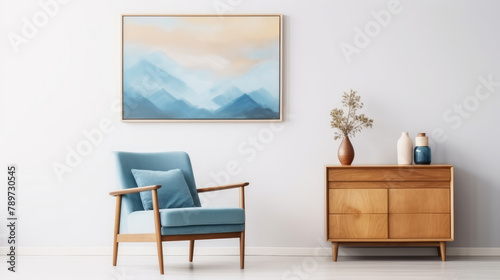Wooden chest of drawers and blue chair against white wall with art poster frame. Mid century style interior design of modern living room. Generative AI