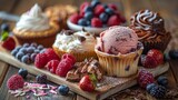 An assortment of delectable desserts, featuring berries, cupcakes, and a scoop of ice cream on a wooden surface. Created with Generative AI.
