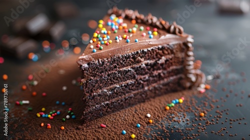 A delectable slice of chocolate cake adorned with colorful sprinkles and frosting. Created with Generative AI.